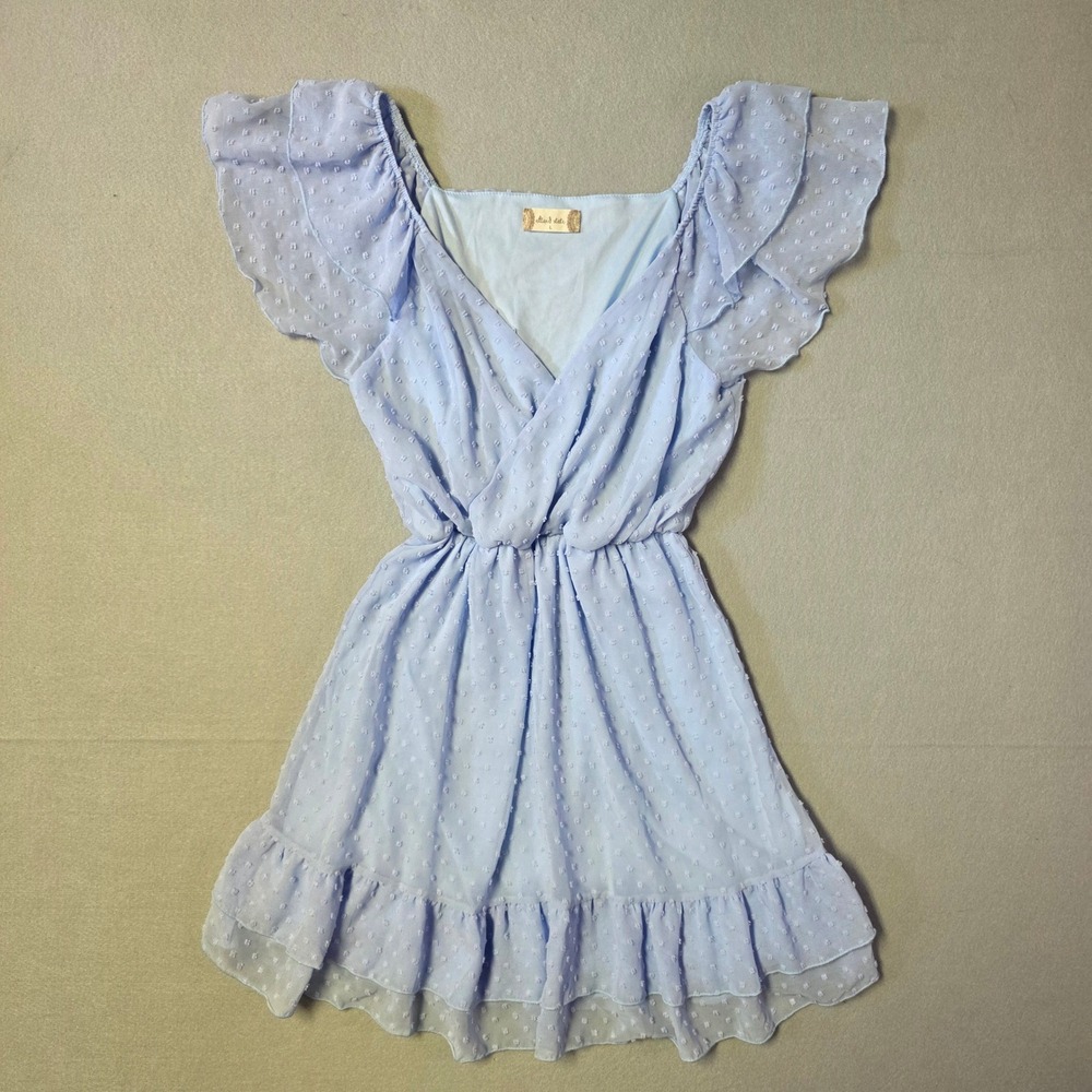 Altar'd State Womens L Blue Swiss Dot Flutter Sleeve Ruffle Mini Dress